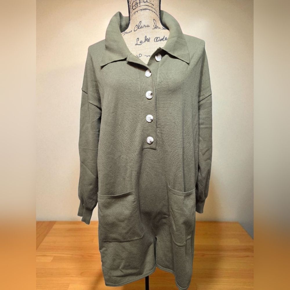Olive Green Button-Up Romper New Sz M - Picture 1 of 6
